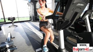 Petite amateur Thai teen Noomai relaxing on a big white cock after workout
