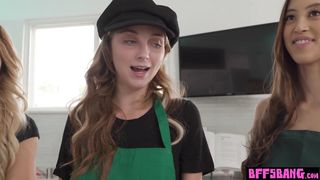 Petite asian teen bartender Alexia Anders and BFFs impressing their boss