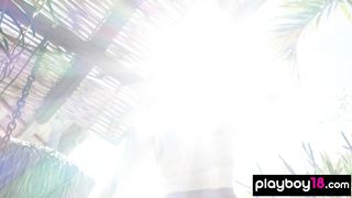 Petite naked exotic asian muse Hannah Le stripping and posing outdoor