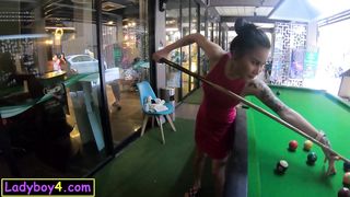 Cute Asian shemale teen Green plays game of pool and blowjob with sex after