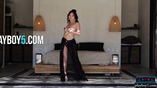 Asian babe KJ Carter shows off her tiny body with firm tits for Playboy