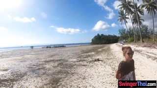 Public beach sex with big ass Asian girlfriend who sucked him also