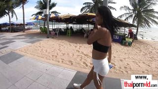 Petite amateur Thai teen Kan relaxing on her european lovers big white cock