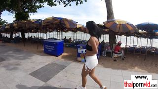 Petite amateur Thai teen Kan relaxing on her european lovers big white cock