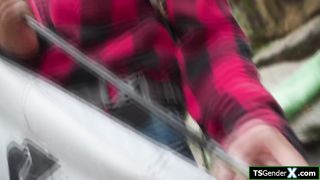 Asian tgirl Ember Fiera sucked and anal barebacked in a tent