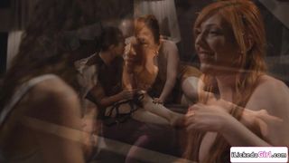 Brunette teen fucked by lesbian stepmoms using strap on