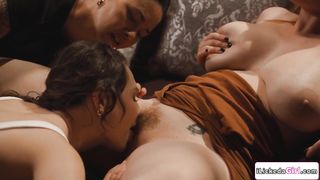 Brunette teen fucked by lesbian stepmoms using strap on