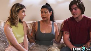 Asian MILF Dana Vespoli calming her scared teen stepdaughter and stepson