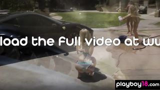 Bubble covered asian babe Ocean and her naked BFFs washing a car outdoor