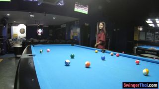 Big booty Thai GF plays pool and gives a massage with POV blowjob