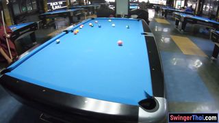 Big booty Thai GF plays pool and gives a massage with POV blowjob
