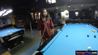 Big booty Thai GF plays pool and gives a massage with POV blowjob