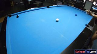 Big booty Thai GF plays pool and gives a massage with POV blowjob