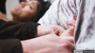 Busty petite Asian Ember Snow rewards her saviors with a dp