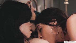 Asian shemale Kasey Kei licks tied up buttplugged latin gf