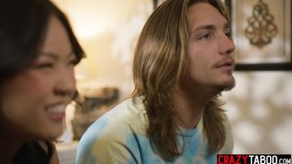 Petite Asian stepsister caught stepbro jerking off on his hot MILF stepmom