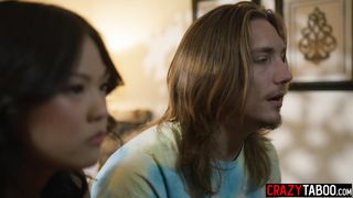 Petite Asian stepsister caught stepbro jerking off on his hot MILF stepmom