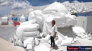 Thai girlfriend gives her white boyfriend a footjob and more