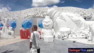 Thai girlfriend gives her white boyfriend a footjob and more