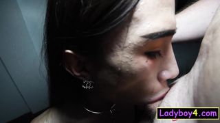 Tiny Asian ladyboy handcuffed deepthroat blowjob of a BWC in POV