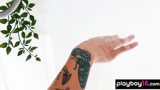 Petite asian MILF Avery Black taking a shower and flashes her wet pussy