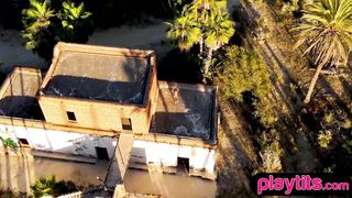 Petite Asian tanned MILF shows juicy tits and hairy pussy outdoor