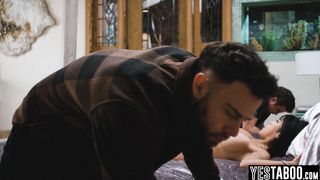 Trapped busty Asian MILF saved and double penetrated by two studs