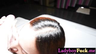 Handcuffed Asian femboy sucking white dick and European client enjoyed it