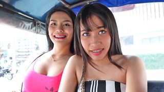 Thai teen GFs bisexual cock sharing in HOT amateur threesome