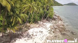 Sexy big tits Thai teen Kahlisa solo striptease on the beach for Playboy