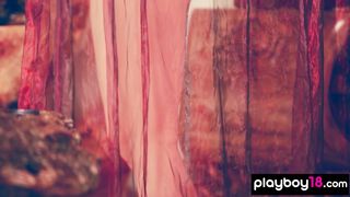 Glamorous Chinese teen porcelain doll Wu Muxi shows her exotic hairy pussy