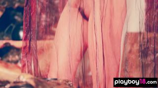 Glamorous Chinese teen porcelain doll Wu Muxi shows her exotic hairy pussy