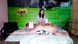 Skinny amateur Thai ladyboy teen masseus Mayvi emptying her clients balls