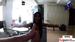 Horny amateur Thai teen Noom feeding her hungry pussy on a big white cock