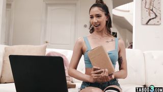 Skinny asian teen babysitter Kimora Quin masturbating and fucking her boss