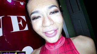 Spiderman cosplay with HOT Asian ladyboy who likes it anal raw