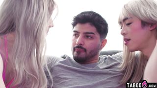 Two femboy blondes share a guys cock in a transexual threesome