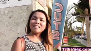 Petite Asian teen fucks white stranger after babe gave him a pov blowjob