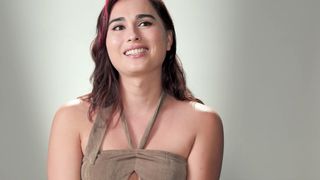 Small cock big boobs Asian shemale jerks off after an interview