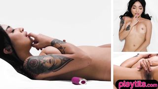Petite busty Asian MILF strips to show sexy figure and masturbate