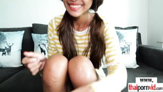 Petite excited amateur Thai teen Dao gets her new lovers big white cock