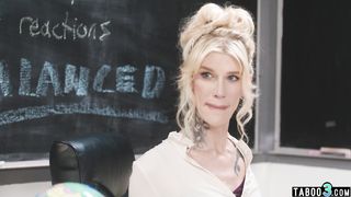 Skinny blonde tranny teacher Gray Perrier rewarding her asian student Kimmy